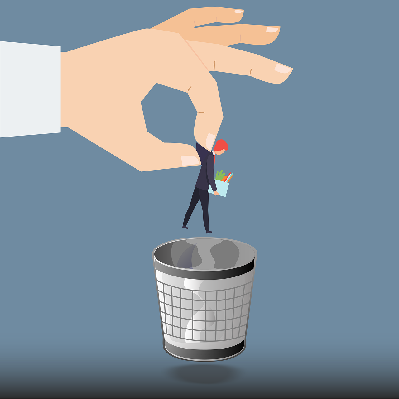 illustrated hand putting lawyer in waste bin